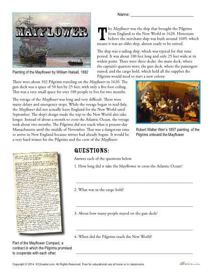 Mayflower Reading Passage and Questions Thanksgiving Activity