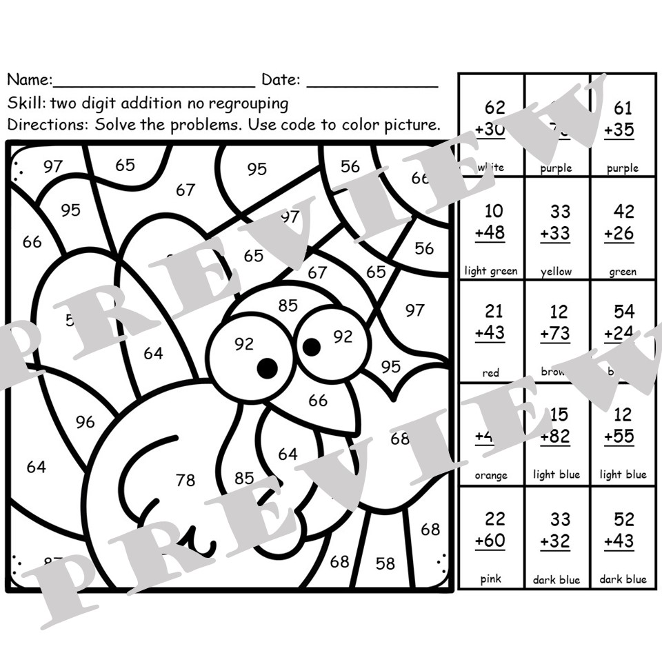 2-Digit Addition Fall Color by Number - Turkey (Cooked) - Lucky ...