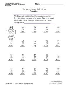 thanksgiving addition worksheet 2nd