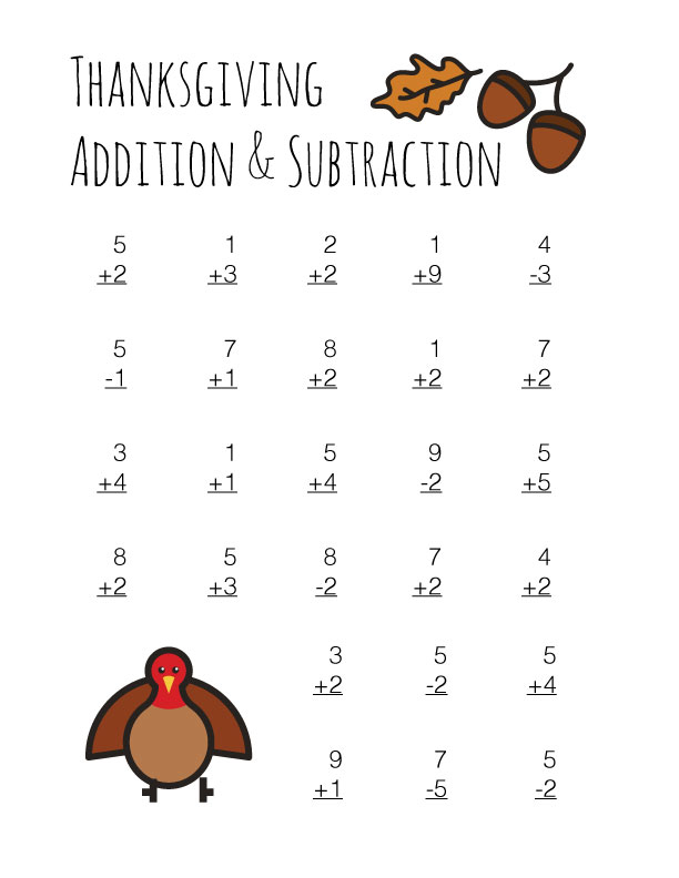 thanksgiving addition worksheet free