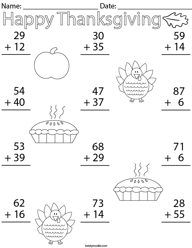 thanksgiving addition worksheet free