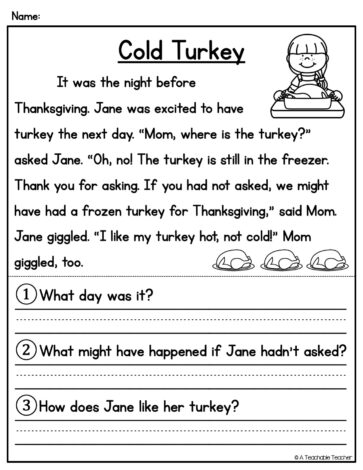 thanksgiving comprehension worksheet