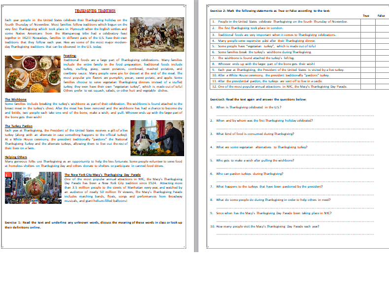 Thanksgiving Day - Reading Comprehension Text / Worksheet ...
