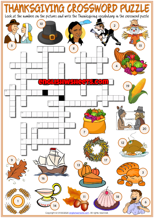 Thanksgiving ESL Printable Crossword Puzzle Worksheet For Kids