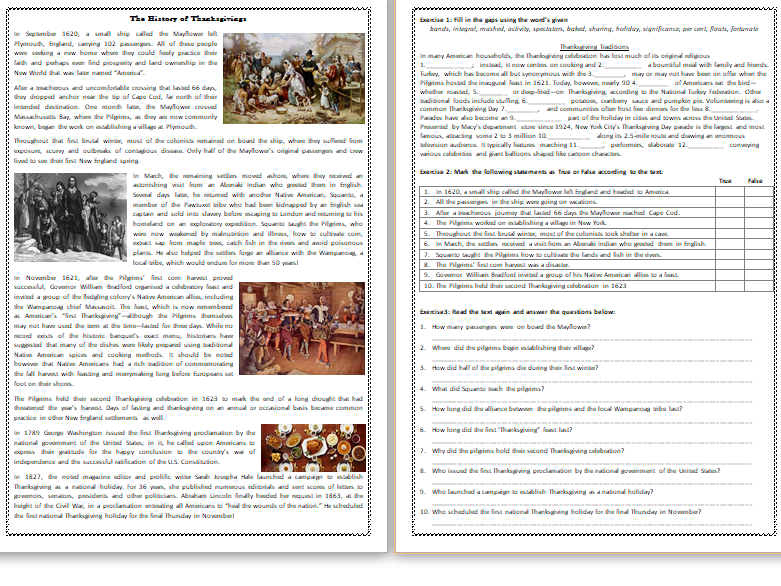 thanksgiving reading comprehension worksheet