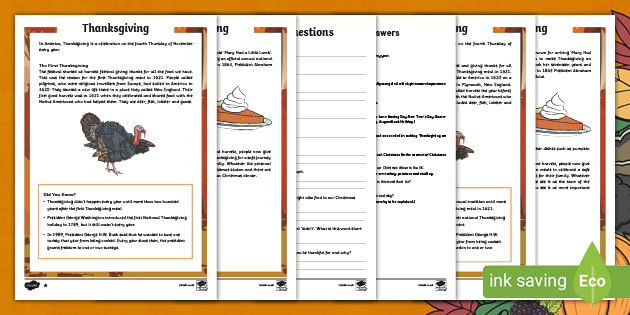 Thanksgiving Reading Comprehension Worksheet PDF | Twinkl