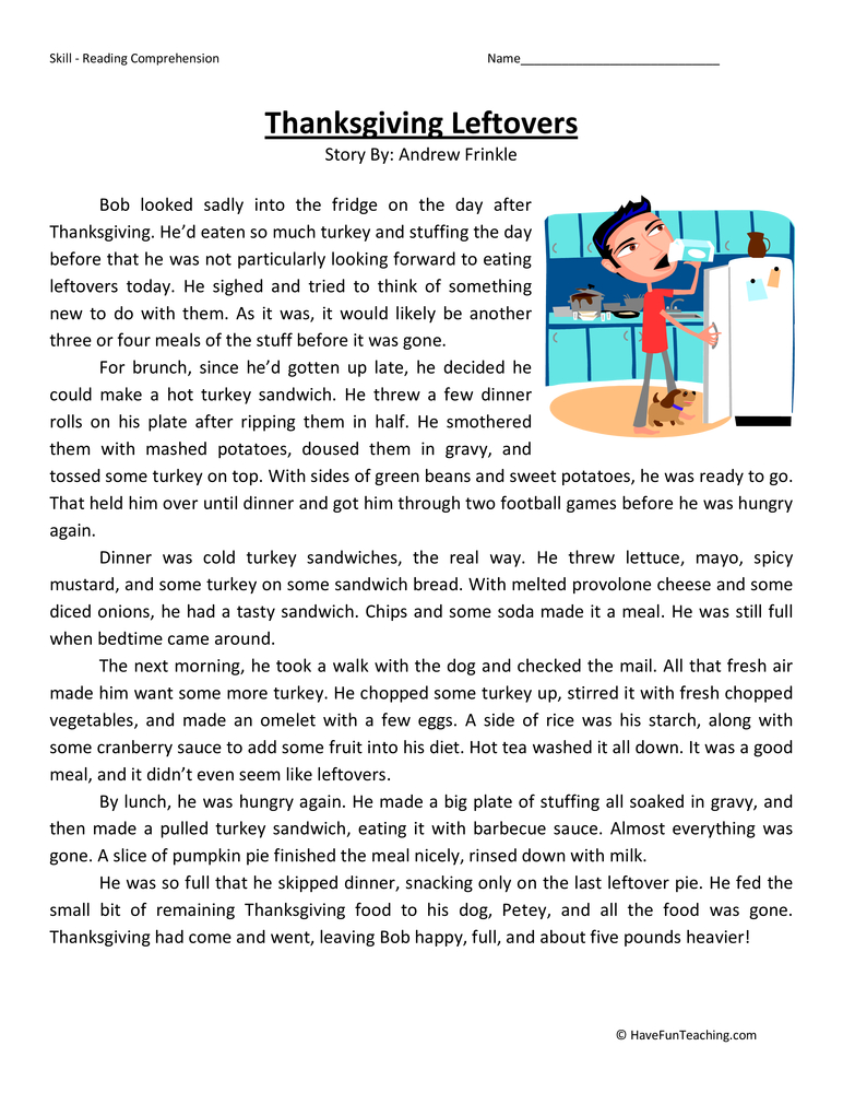 Thanksgiving Leftovers Reading Comprehension Worksheet - Have Fun ...