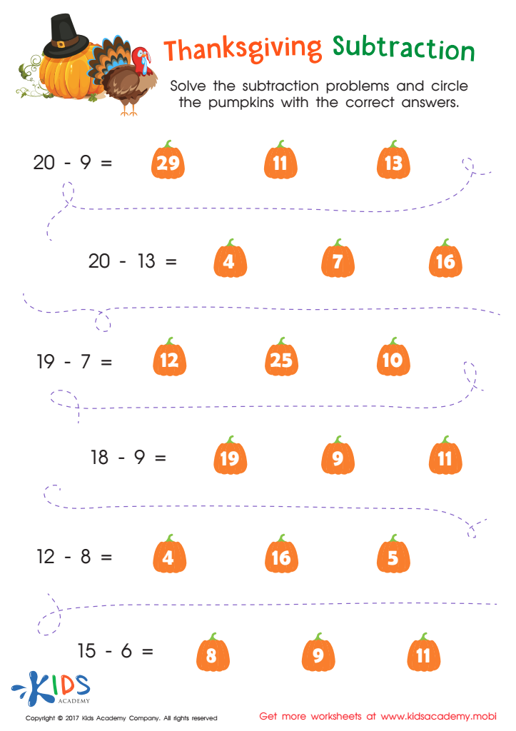 Thanksgiving Subtraction Substraction Worksheet: Printable for ...