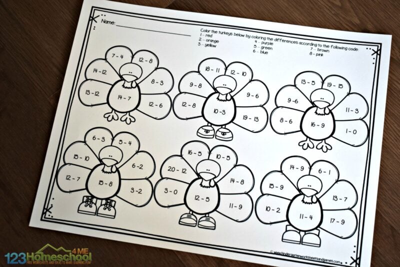 thanksgiving subtraction worksheet