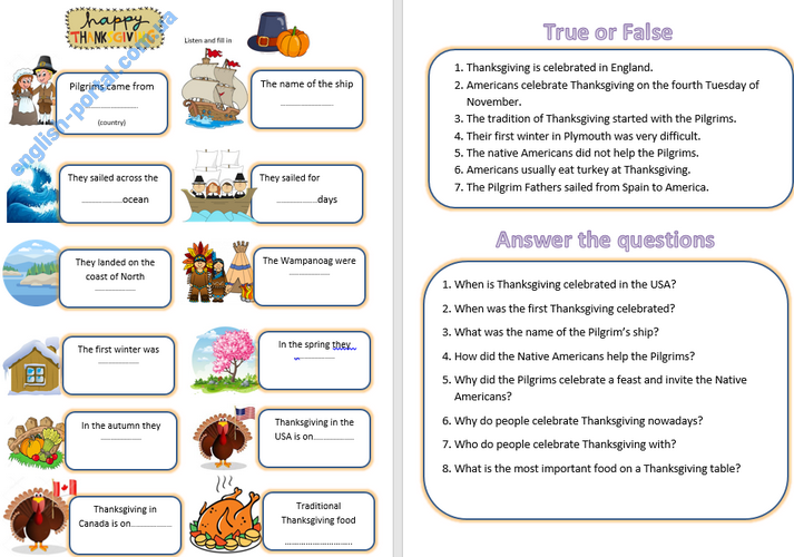 Thanksgiving Worksheet - Autumn - download worksheet | English Portal