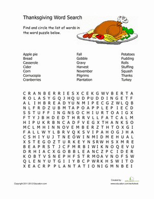 Thanksgiving Word Search Printable | Worksheet | Education.com