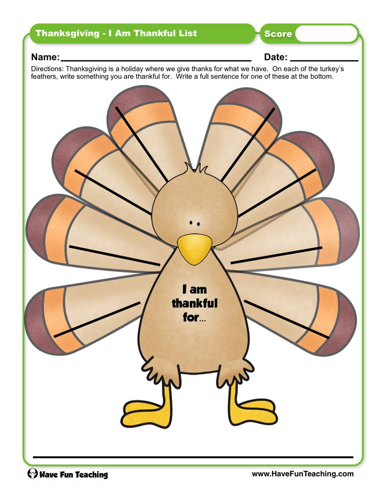 Thanksgiving I am Thankful List Worksheet  