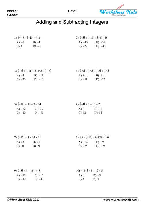 Adding and Subtracting Integers Worksheets for Grades 6-8 - PDF