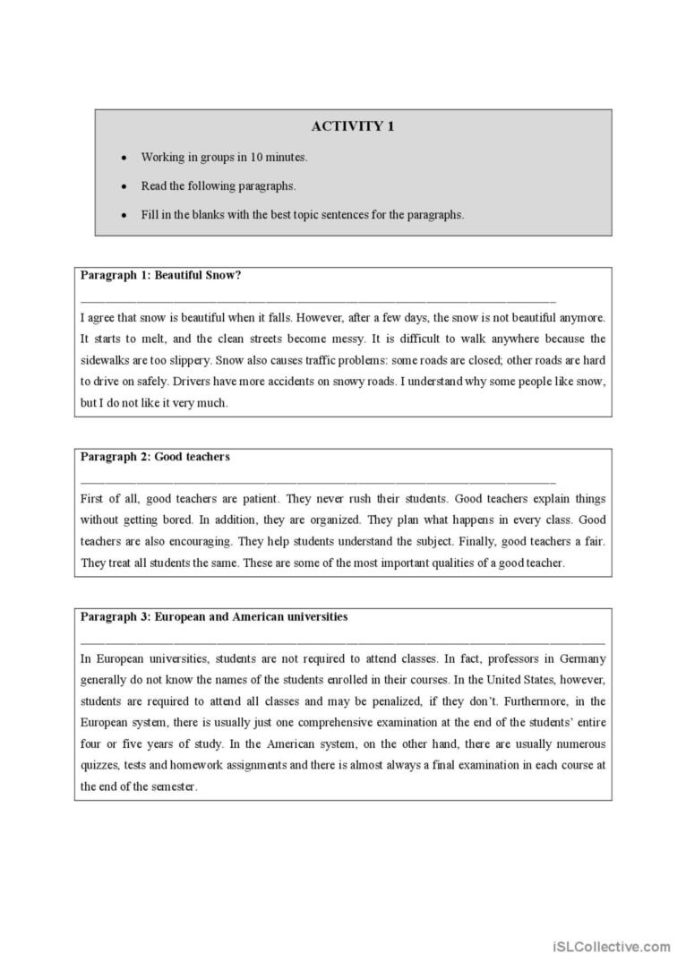 Writing a topic sentence: English ESL worksheets pdf &  doc