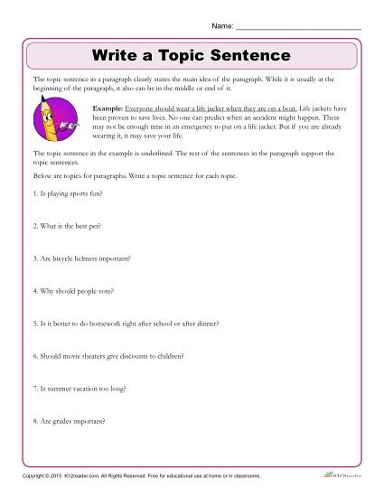 the best topic sentence worksheet