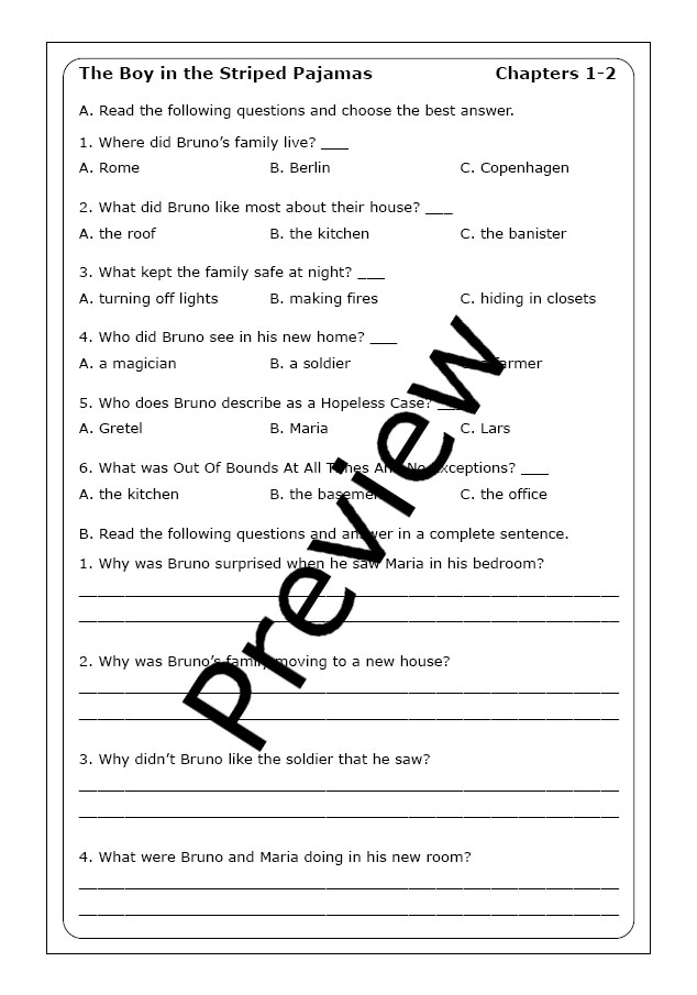 Free the boy in the striped pajamas worksheet, Download Free the boy in