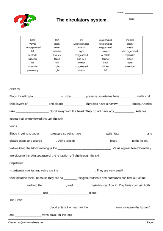 The circulatory system - Cloze Test Worksheet - Quickworksheets