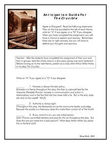 Anticipation Guide for The Crucible Worksheet for 8th - 9th Grade ...