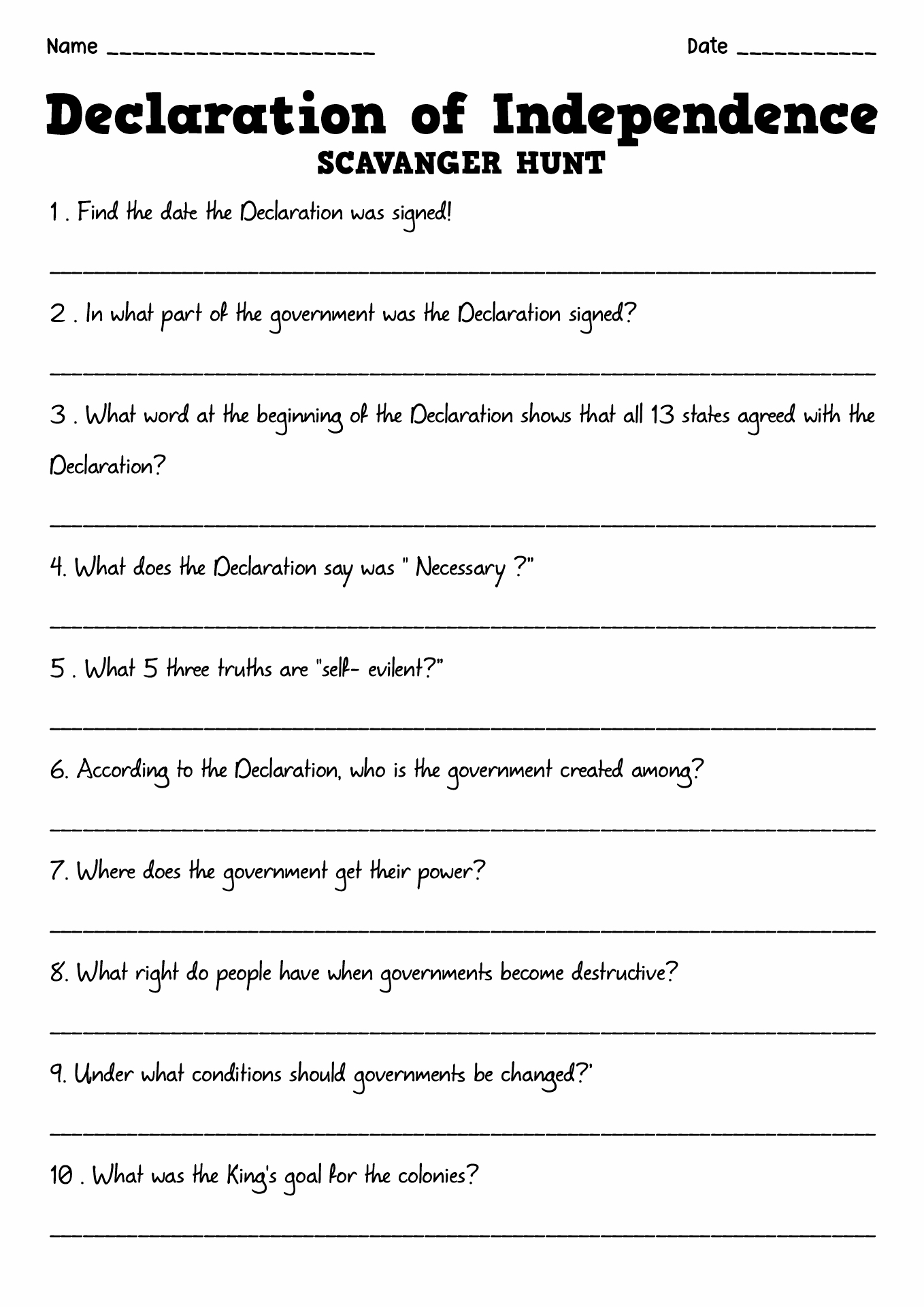 the declaration of independence worksheet