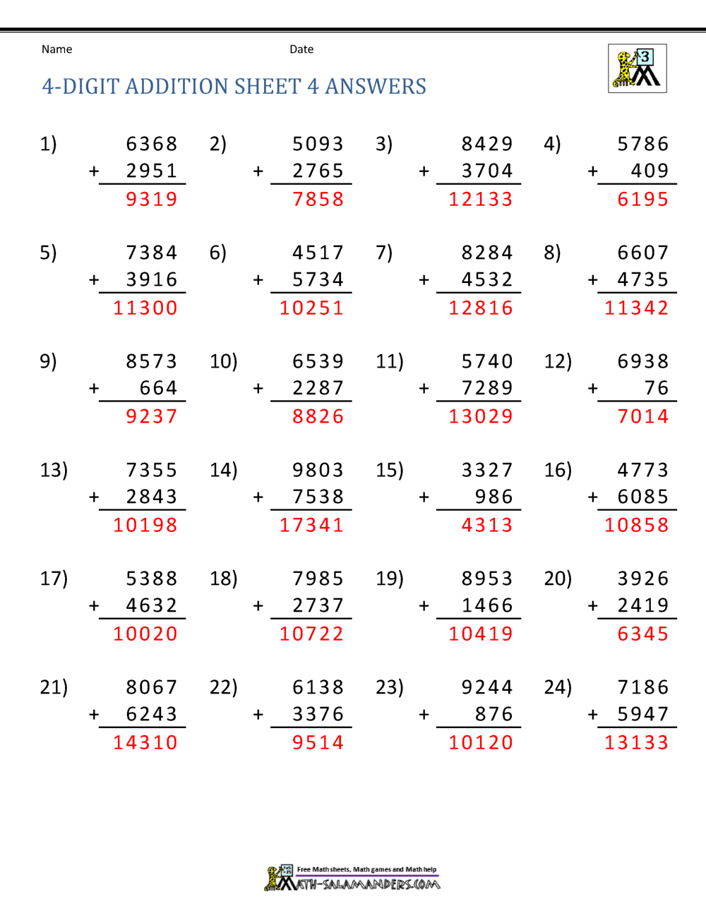the four digits problem worksheet answers