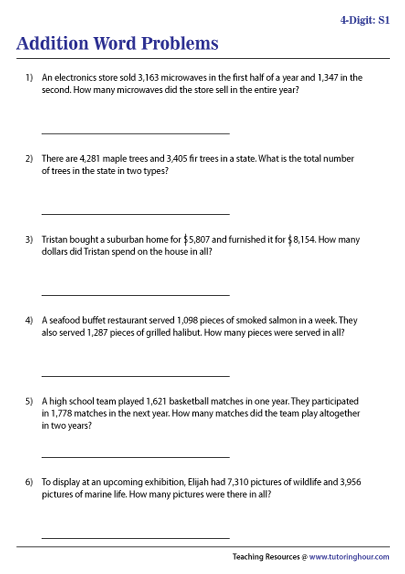 4-Digit Addition Word Problems Worksheets
