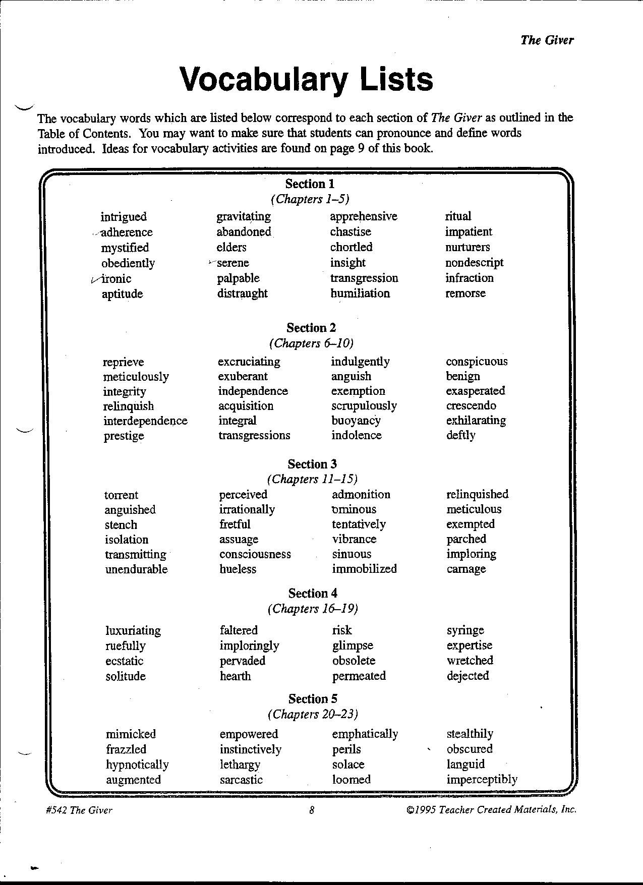the giver vocabulary worksheet answers