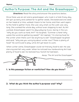 Authors Purpose: The Ant and the Grasshopper | Worksheet ...