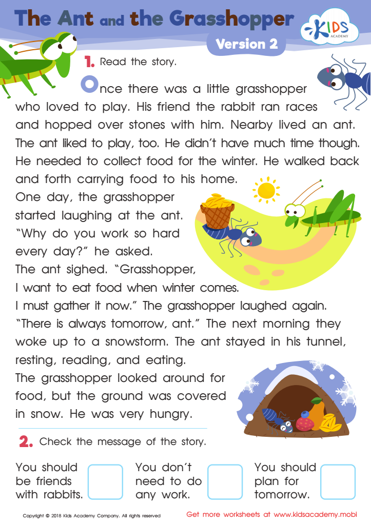 The Ant and The Grasshopper Version 2 Worksheet for kids