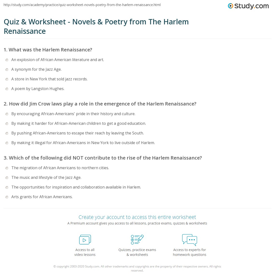 the harlem renaissance worksheet answers