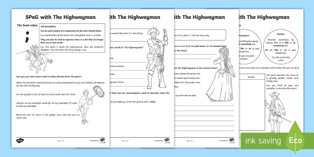 SPaG with the Highwayman Worksheet - KS1 SPaG worksheets