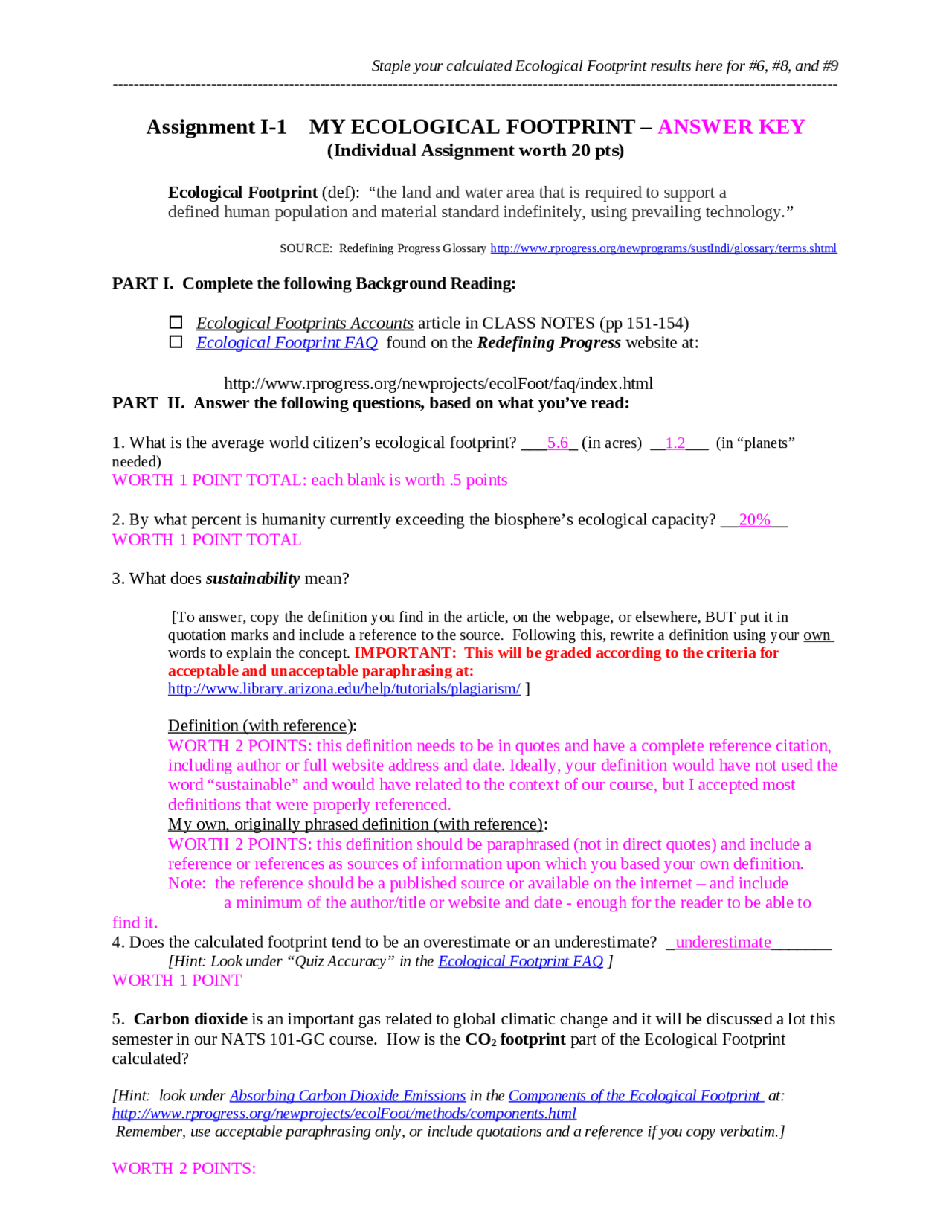 My Ecological Footprint with Answer Key NATS 101 Assignments Worksheets Library