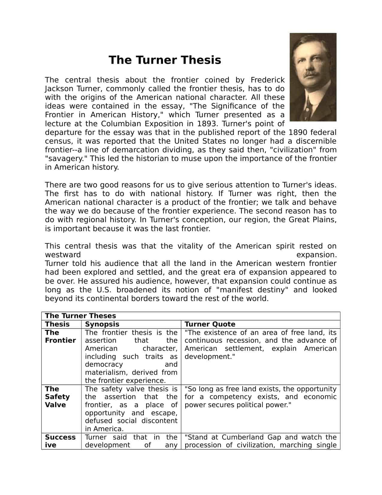 The Turner Thesis Worksheet
