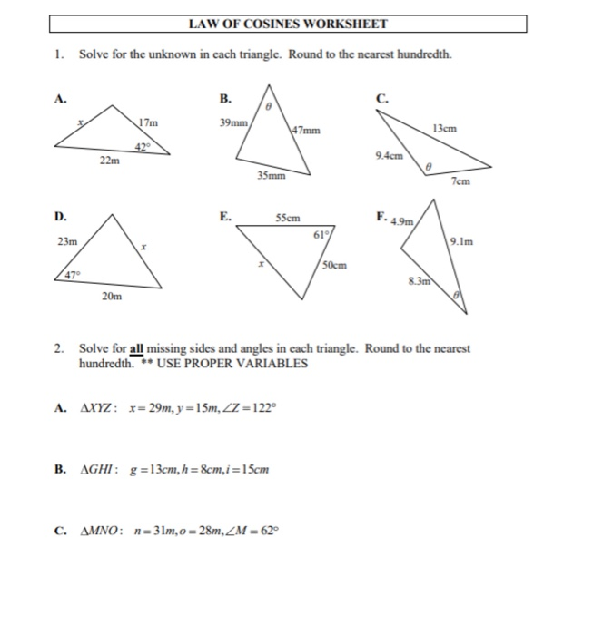 the law of cosines worksheet