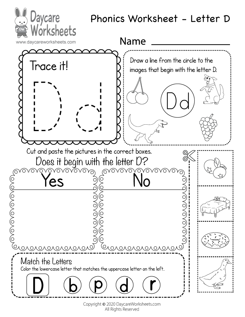 Free Letter D Phonics Worksheet for Preschool - Beginning Sounds