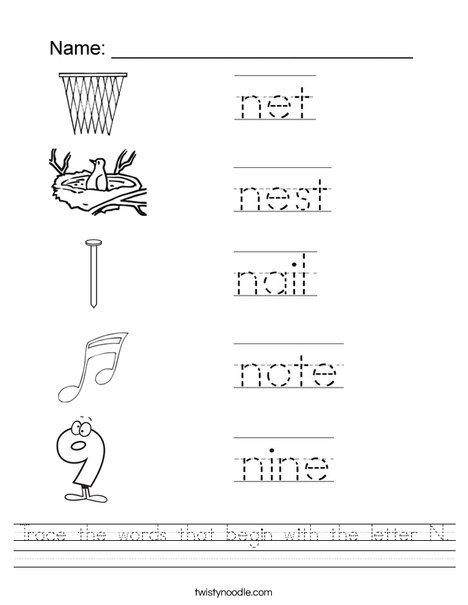 Trace the words that begin with the letter N Worksheet - Twisty Noodle