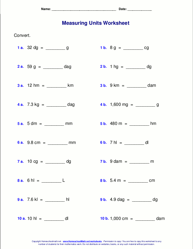 Metric measuring units worksheets