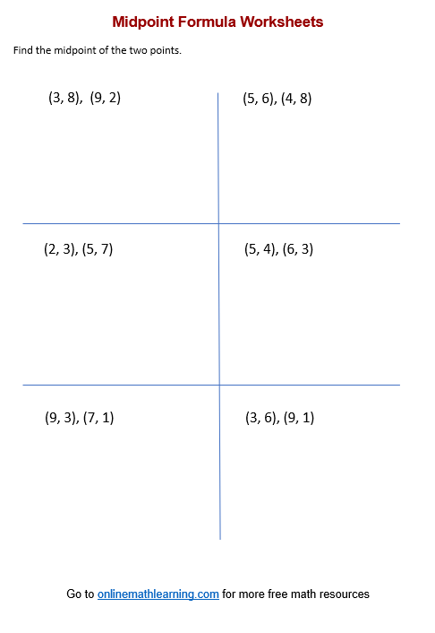Midpoint Formula Worksheets (printable, online, answers, examples)