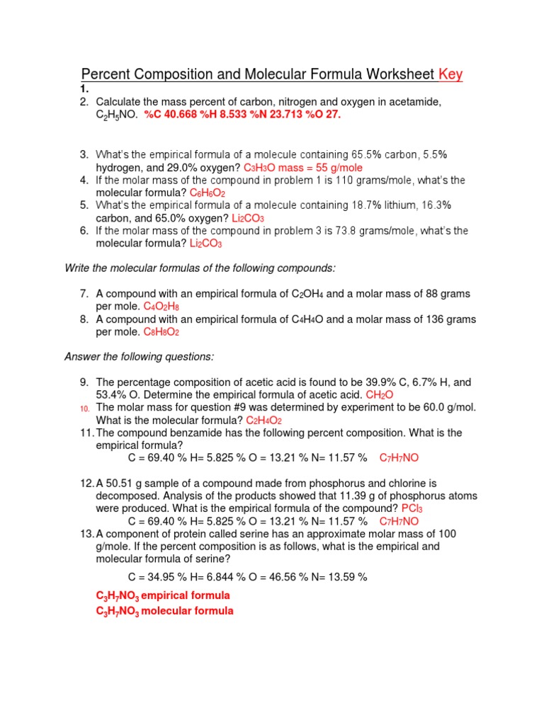 Percent Composition and Molecular Formula Worksheet Key | PDF