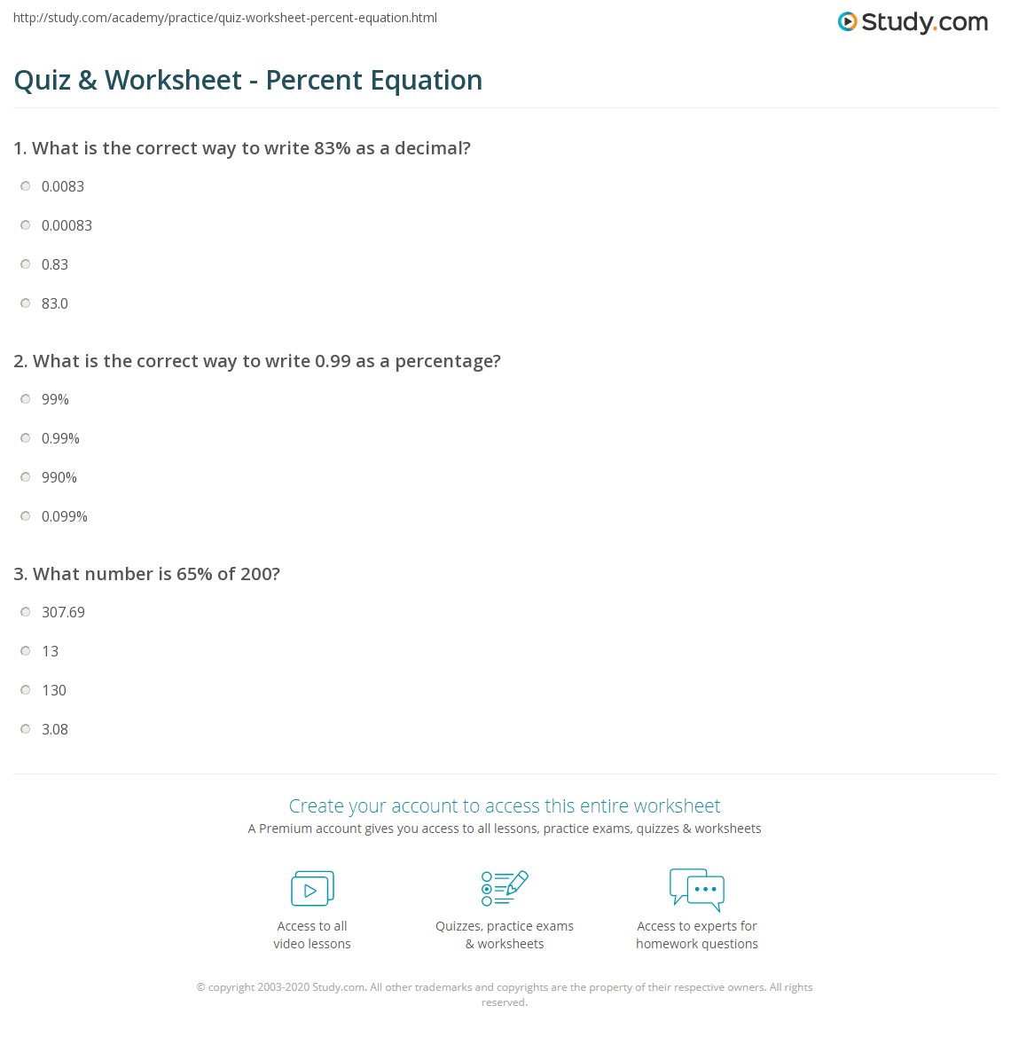 Quiz &  Worksheet - Percent Equation | Study.com