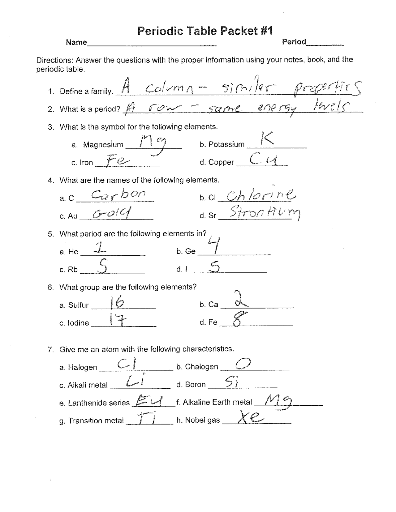 the periodic table worksheet answers
