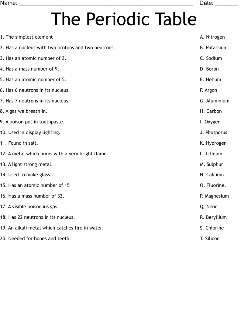 the periodic table worksheet answers