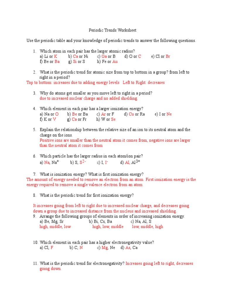 the periodic table worksheet answers
