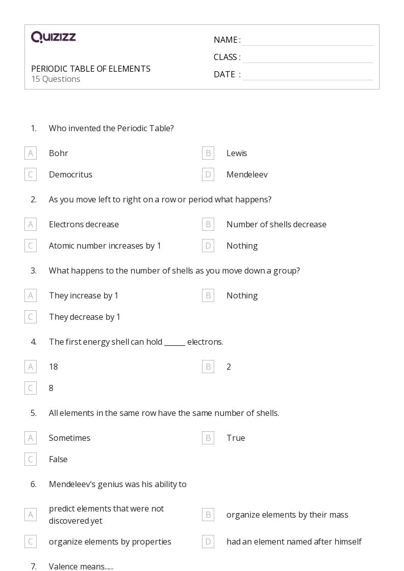 50+ periodic table worksheets on Quizizz | Free &  Printable