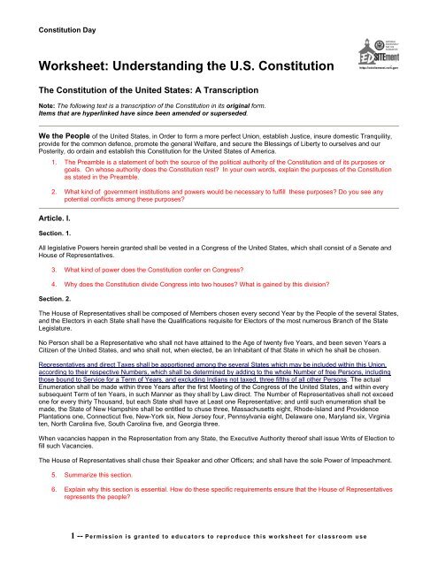 Worksheet: Understanding the US Constitution - EDSITEment
