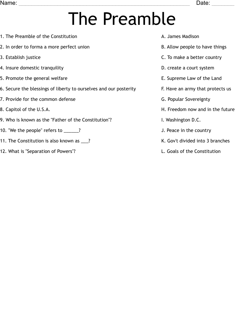 The Preamble Worksheet - WordMint