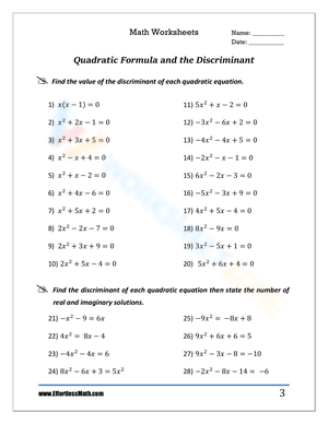 the quadratic formula and the discriminant worksheet