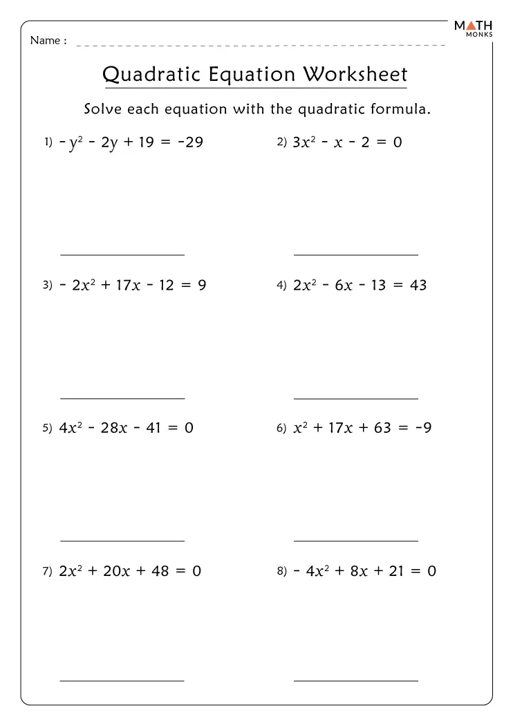 Quadratic Formula Worksheets - Math Monks