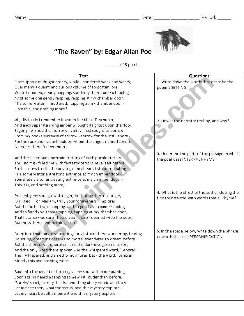 the raven worksheet for middle school