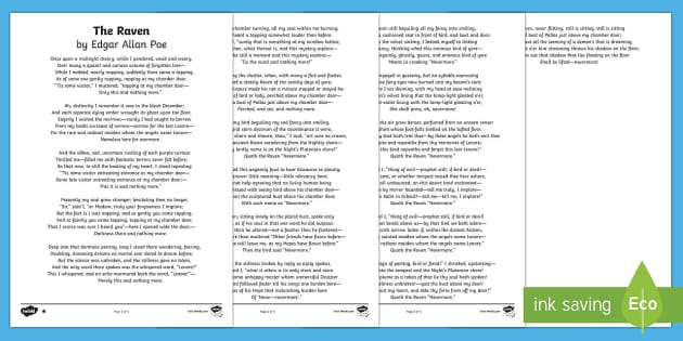 the raven worksheet for middle school