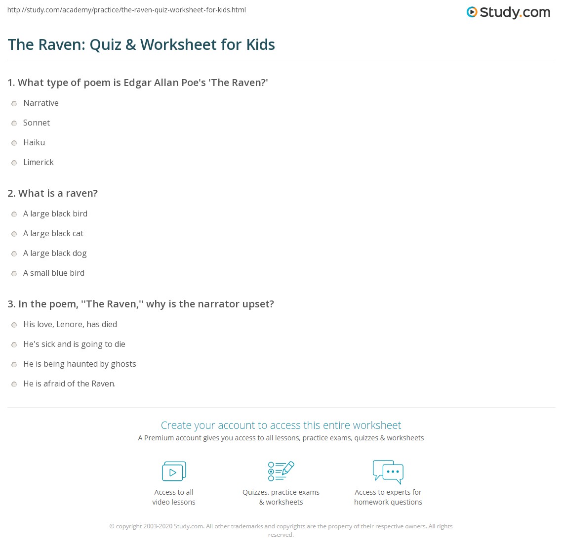 the raven worksheet for middle school